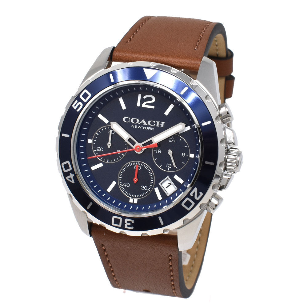 Coach Kent chronograph men's watch with blue dial, brown leather strap, and stainless steel case