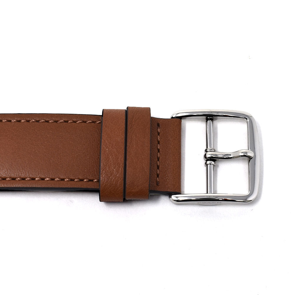 Brown leather watch strap with stainless steel buckle and white contrast stitching