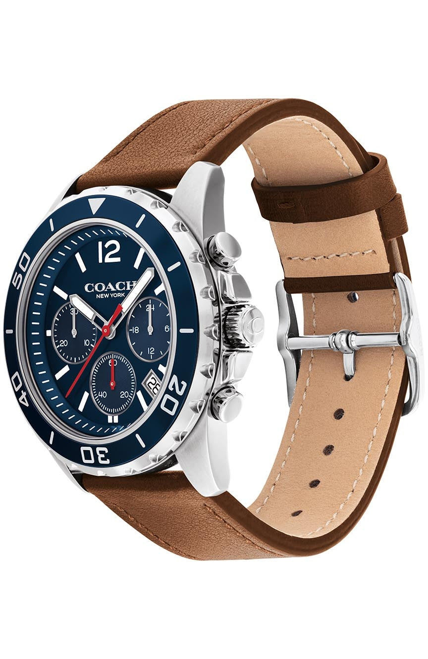 Coach Kent watch three-quarter view showing brown leather strap and steel bracelet detail