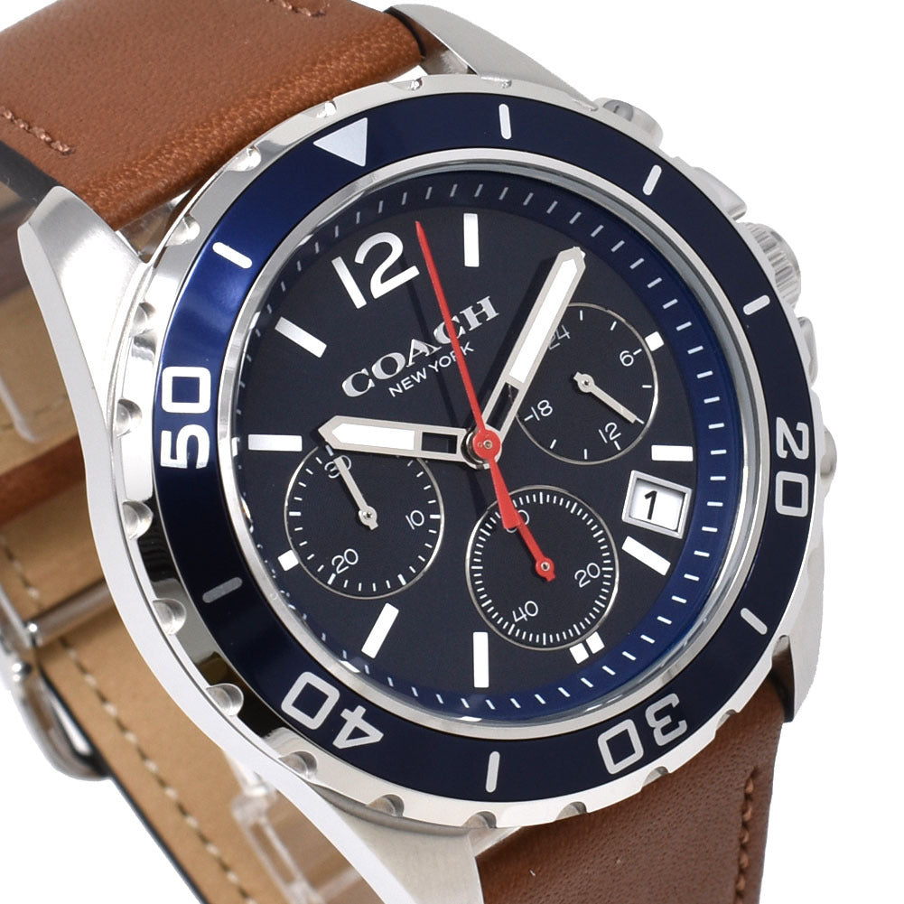 Close-up of Coach Kent chronograph dial with subdials, date window, and blue bezel