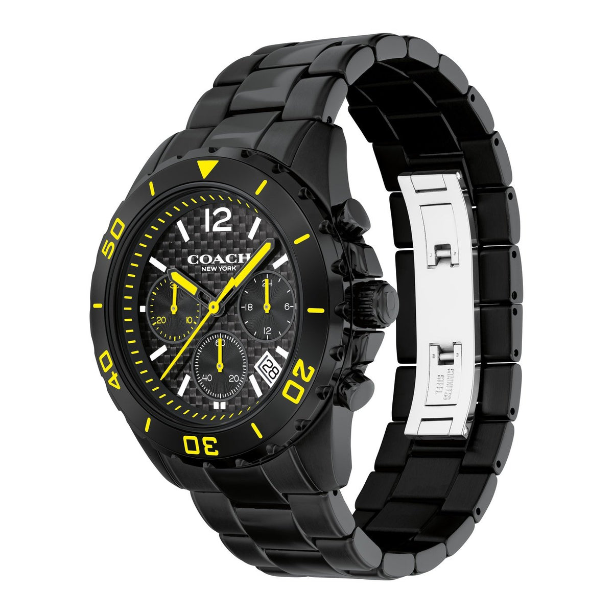 Coach Kent Chronograph watch with angled side view showing bracelet and bezel details
