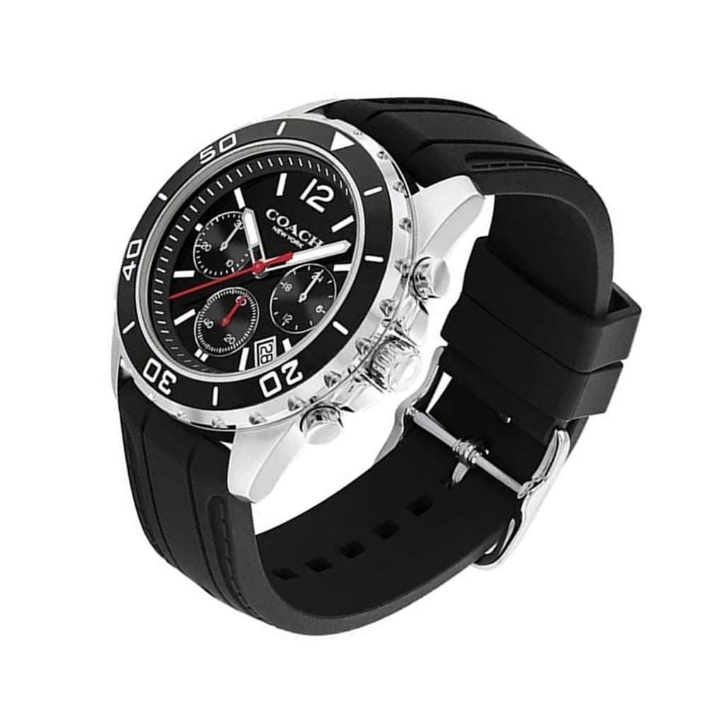 Coach Kent Chronograph watch at angle showing silver case and black strap