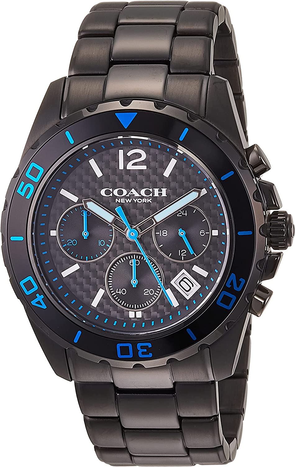 Coach Kent chronograph men's watch with black dial, blue accents, and black stainless steel bracelet