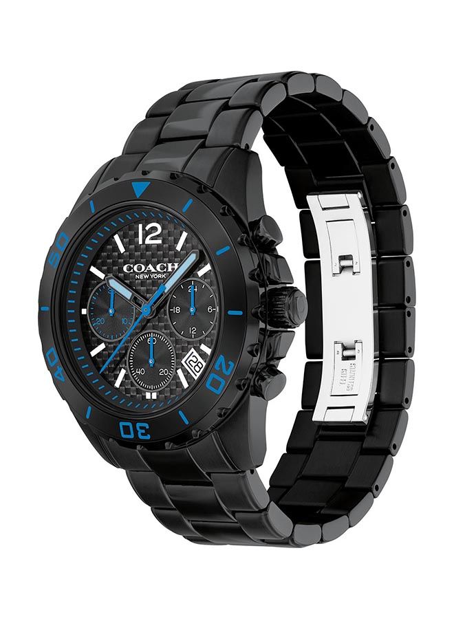 Coach Kent chronograph watch displayed at 45-degree angle showing dial and black metal bracelet
