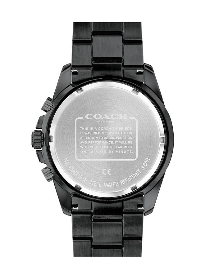 Coach Kent chronograph watch caseback showing engraved stainless steel case and water resistance marking