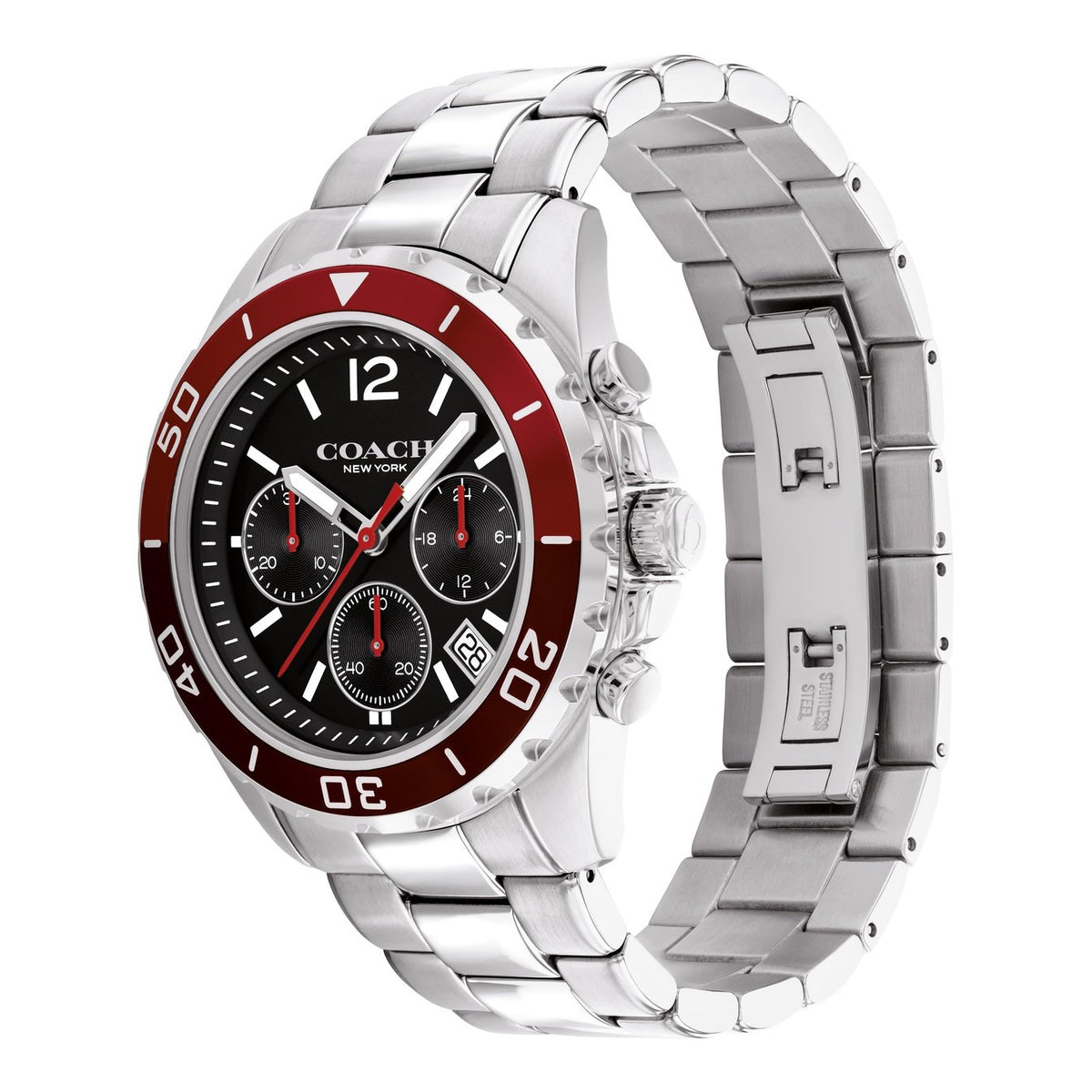 Coach Kent watch shown from side angle displaying full stainless steel bracelet and red bezel detail