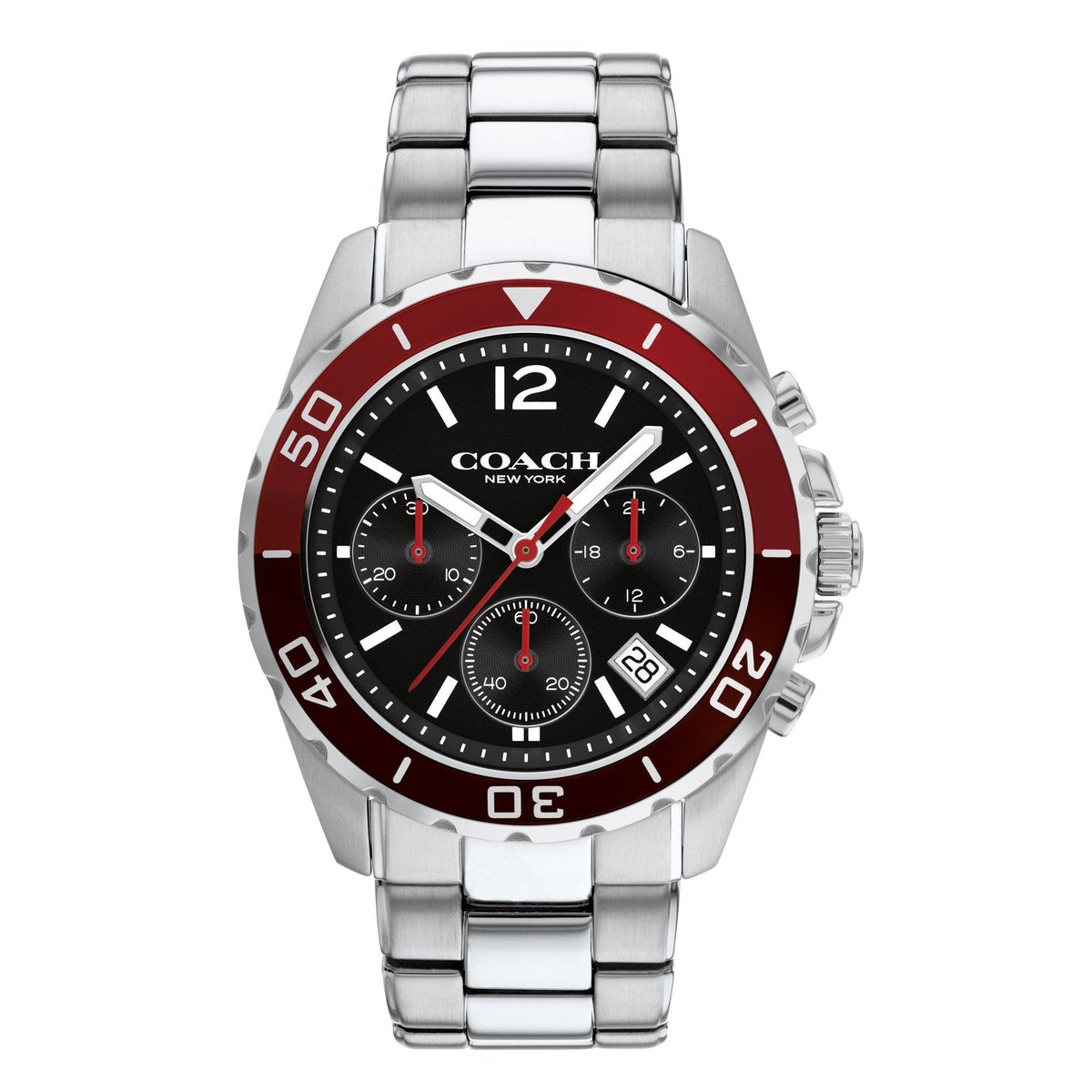 Coach Kent stainless steel men's watch with silver bracelet, red bezel, and black chronograph dial