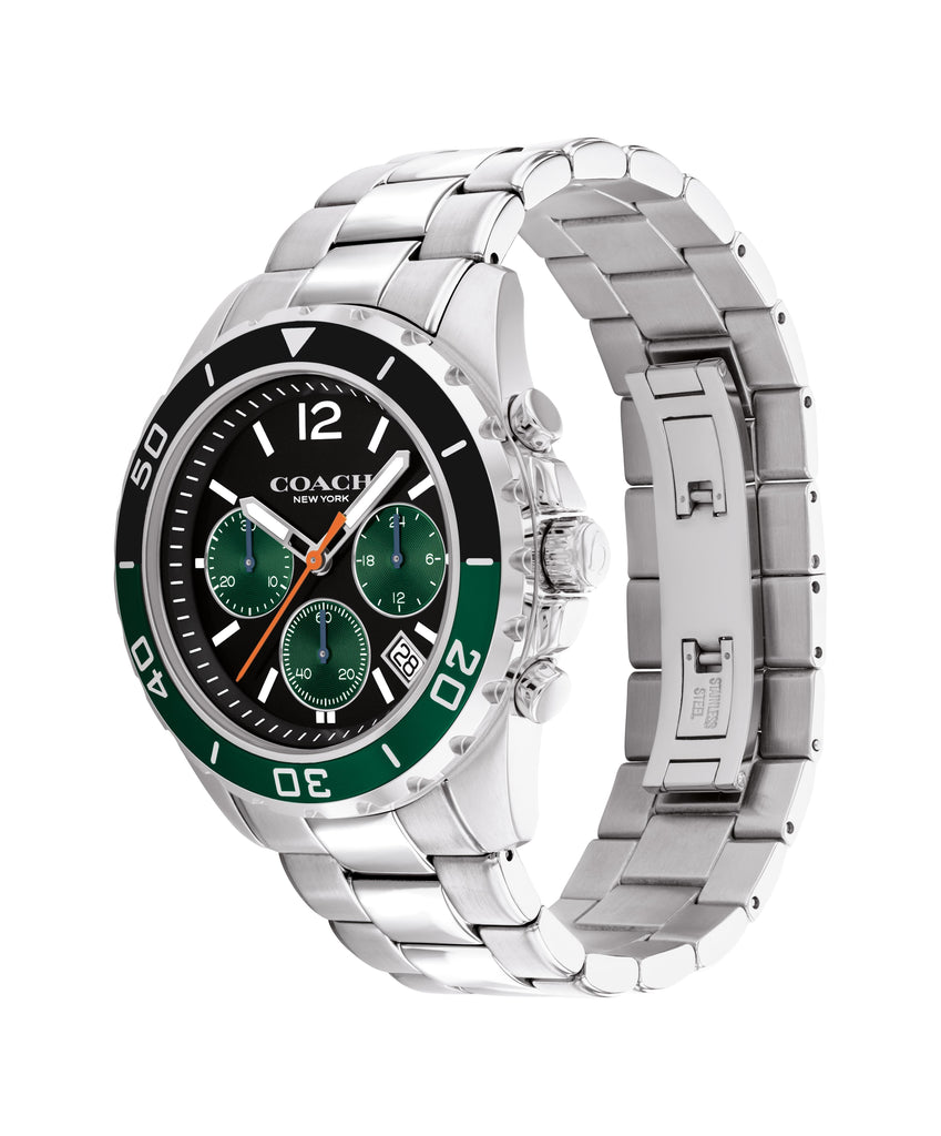 Coach Kent watch showing stainless steel bracelet, black dial, and chronograph subdials from angled view