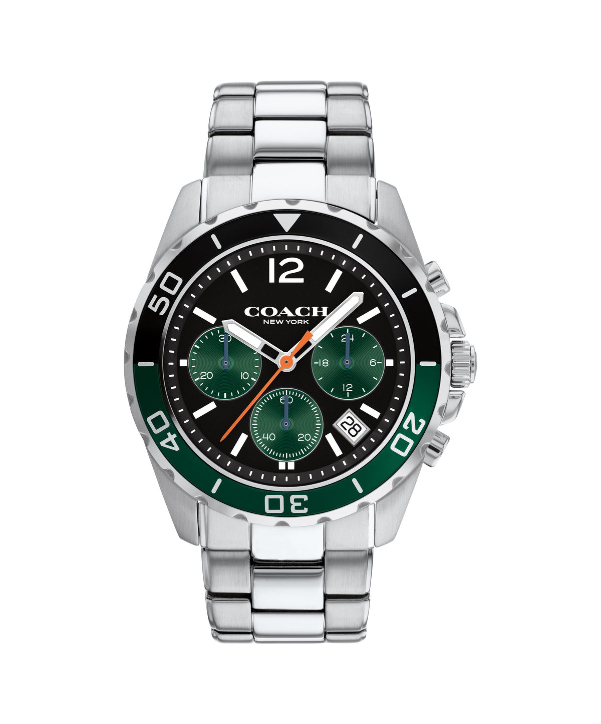 Coach Kent stainless steel men's watch with black dial, green bezel, and green subdials