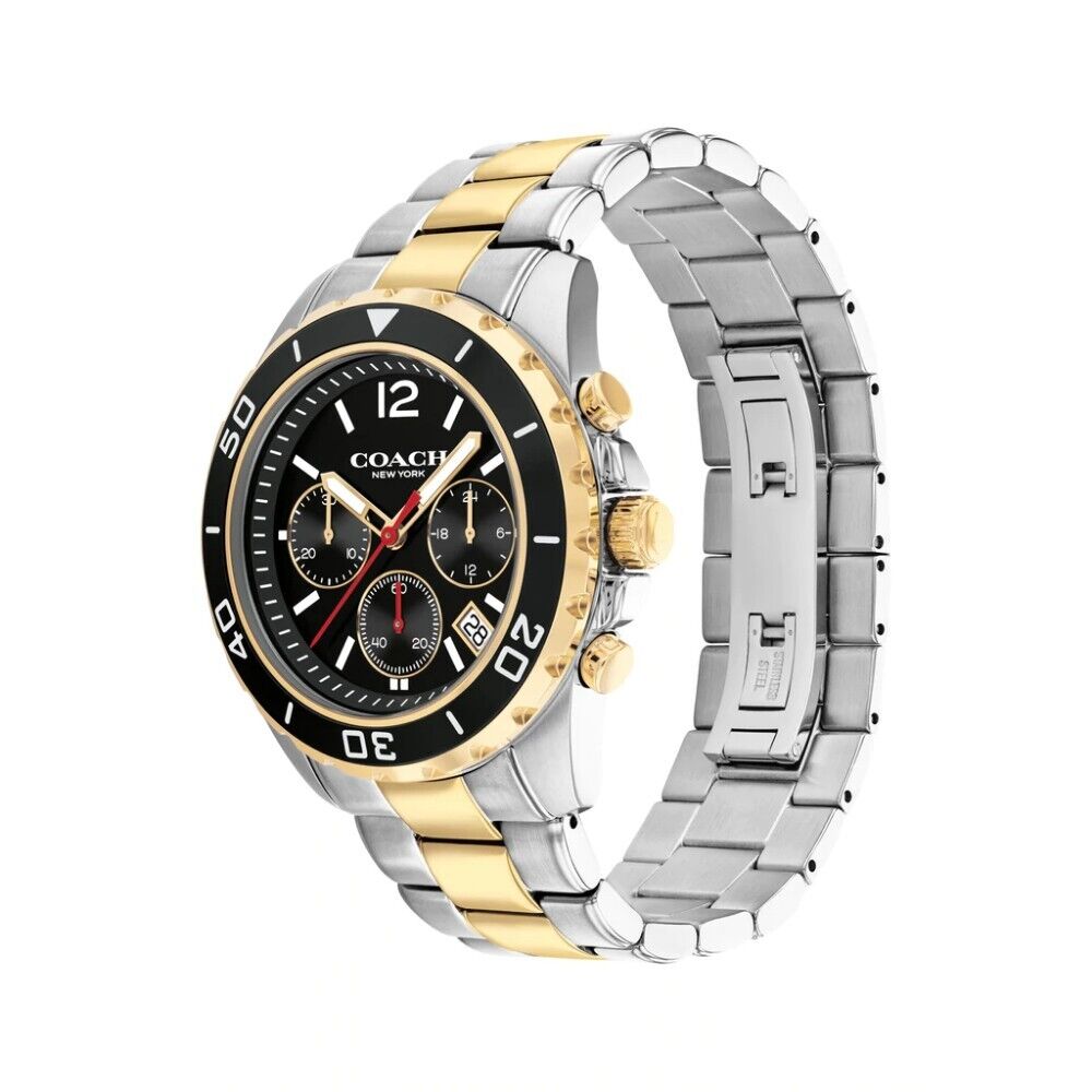 Coach Kent chronograph watch three-quarter view showing two-tone bracelet and case