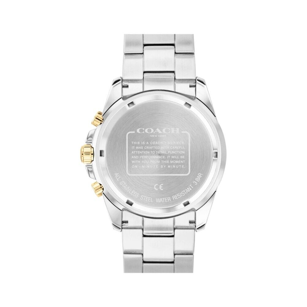 Coach Kent watch caseback showing stainless steel construction and water resistance