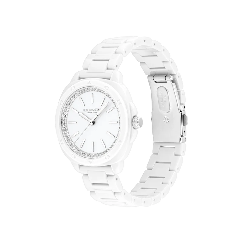 Coach Kitt white ceramic watch angled side view showing dial, case, and bracelet