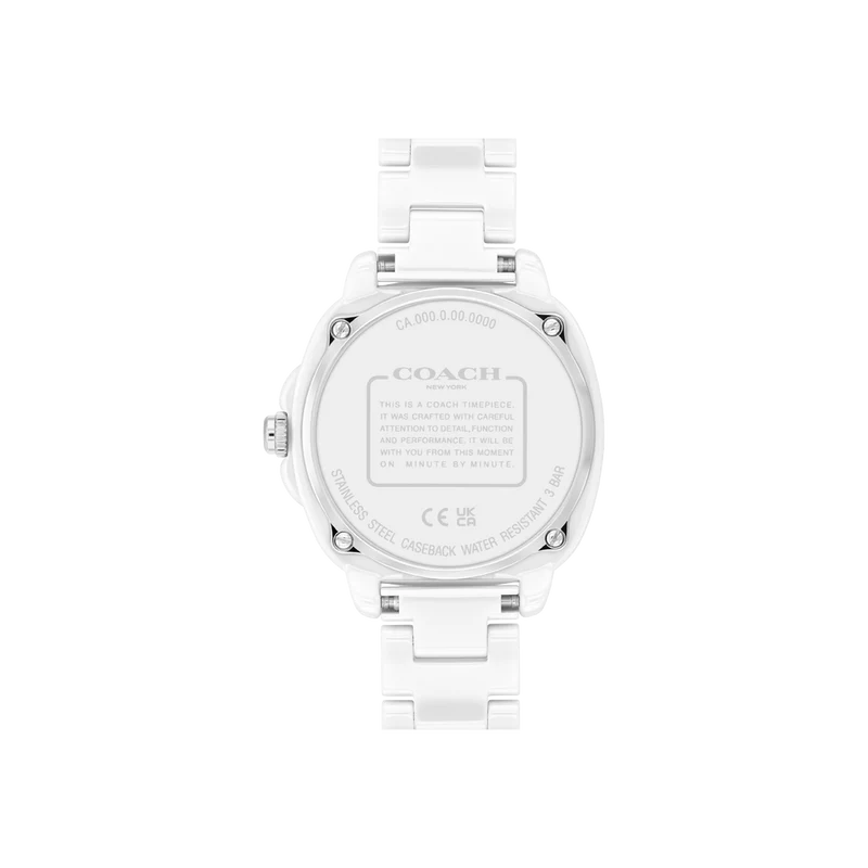 Coach Kitt white ceramic watch case back with engraved details and bracelet