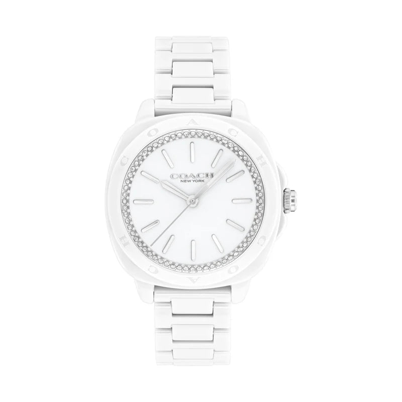 Coach Kitt ceramic white quartz watch with diamond-accented dial and ceramic bracelet