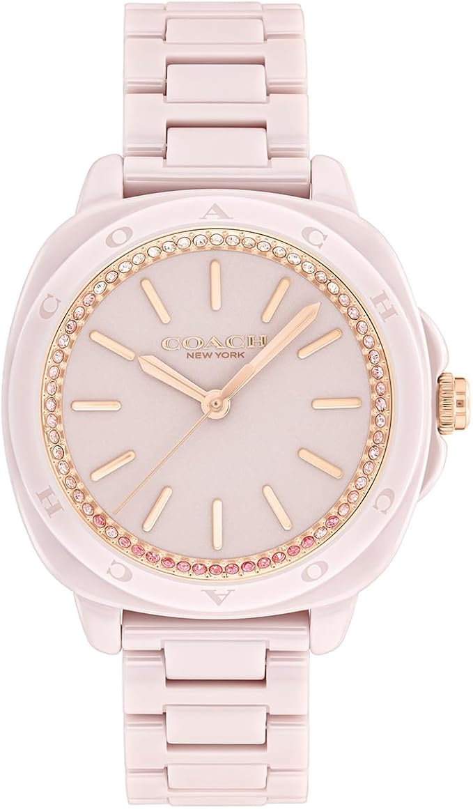 Coach Kitt blush ceramic women's watch with crystal bezel and matching bracelet