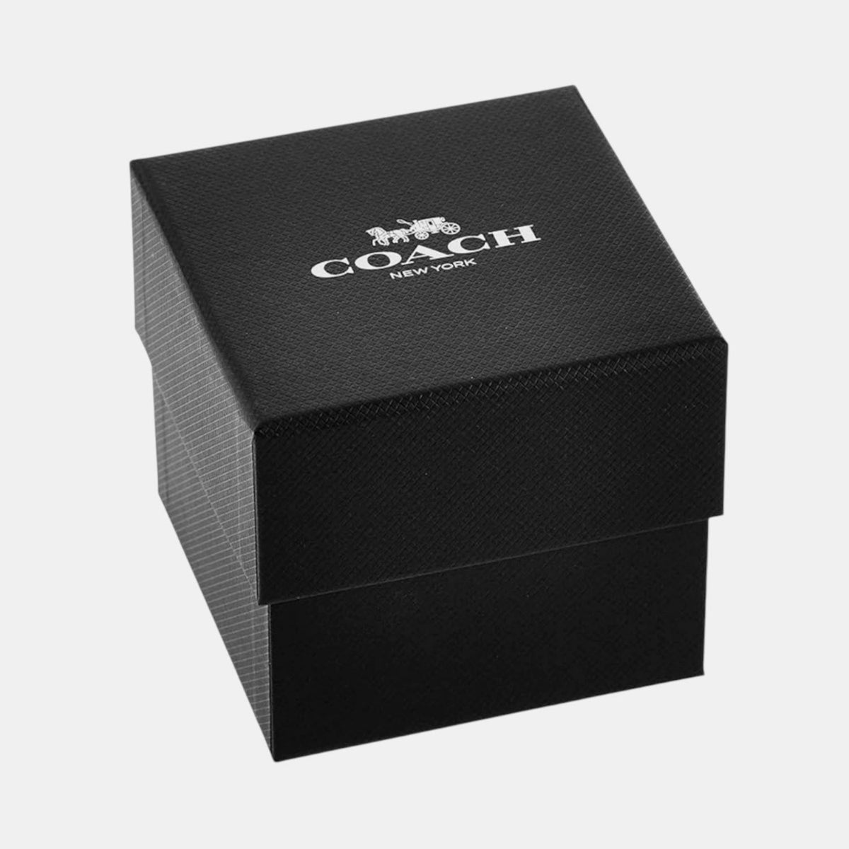 Coach Kitt watch packaging, black box with white Coach horse logo