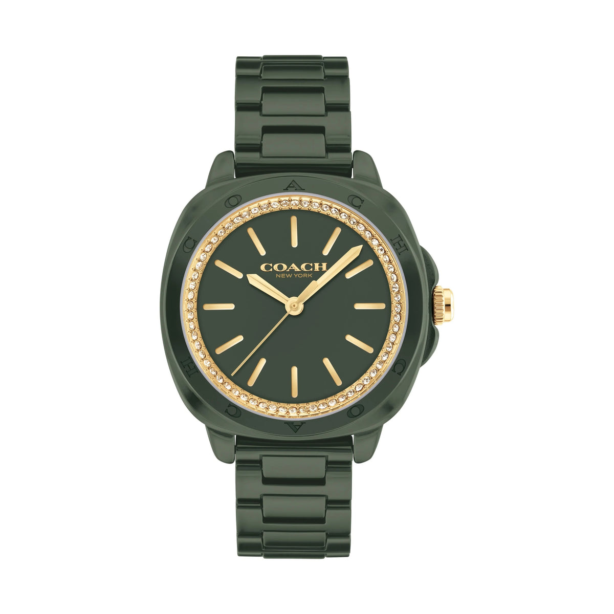 Coach Kitt women's watch with green ceramic bracelet, crystal bezel, and black dial with gold accents