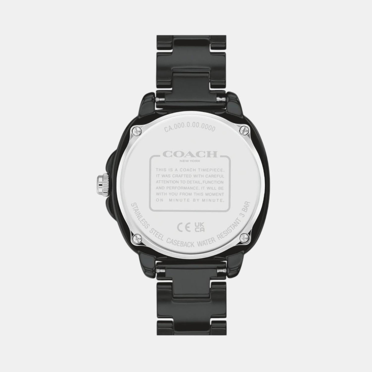 Coach Kitt watch caseback showing engraved text and water resistance certification