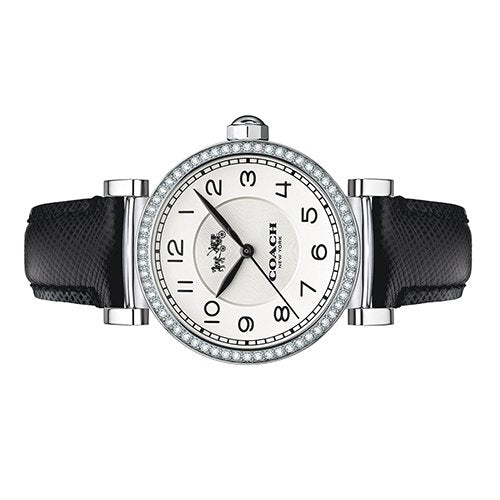 Coach Madison watch top-down view with silver glitz case, crystal bezel, and black leather strap