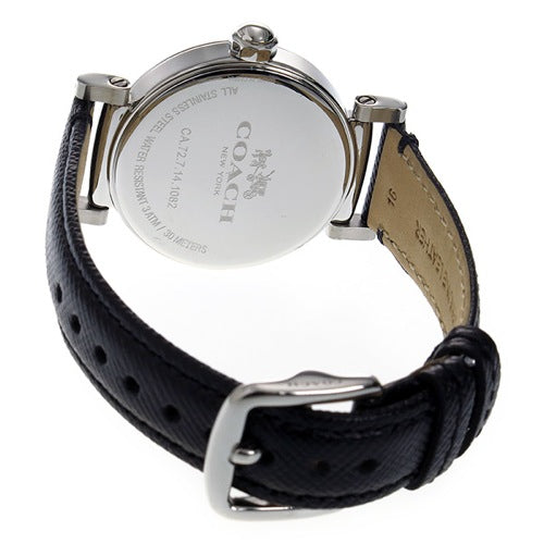 Coach Madison watch caseback showing stainless steel case and black leather strap