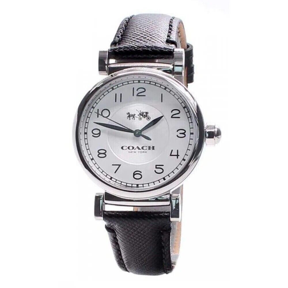 Coach Madison women's watch with silver dial, black leather strap, and Arabic numerals