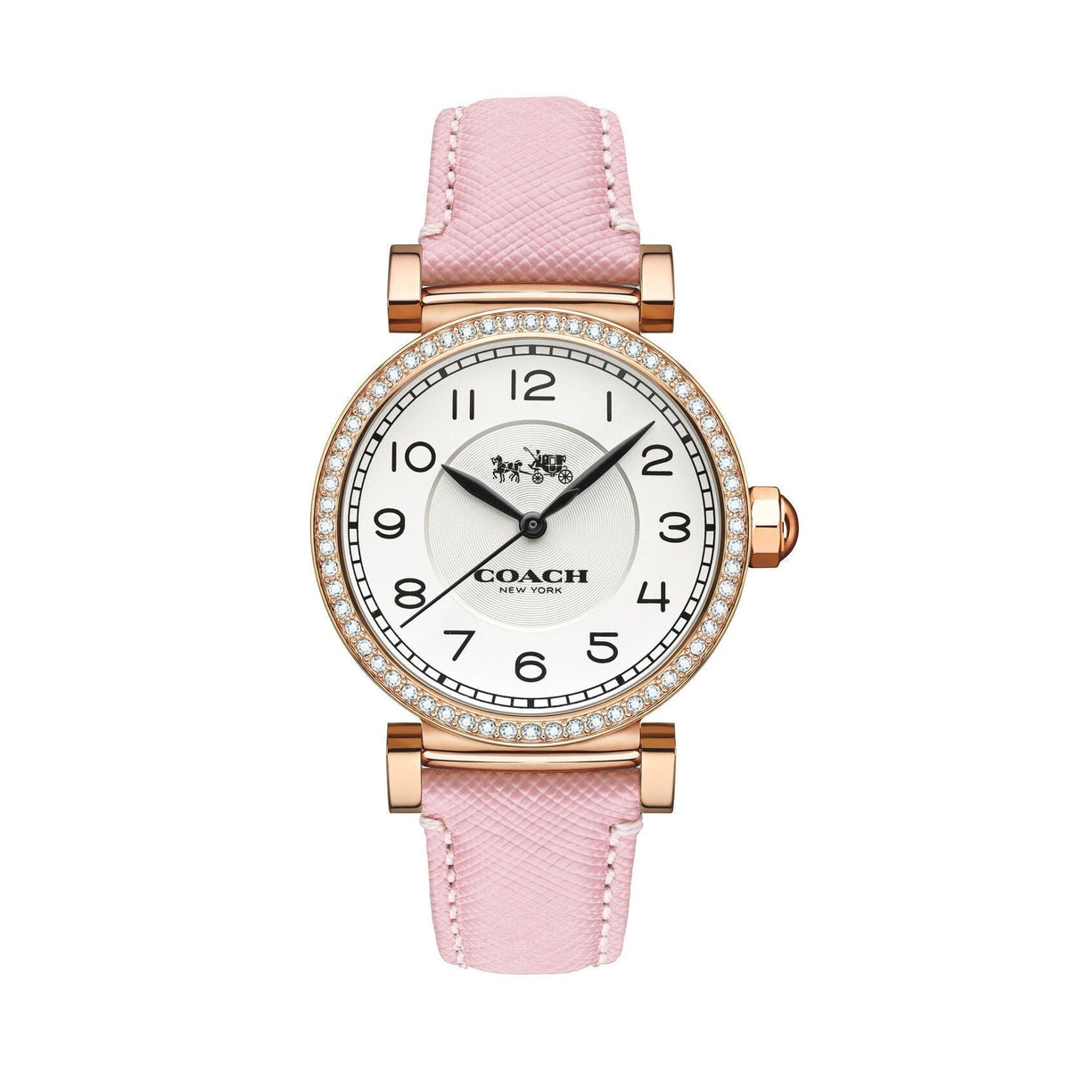 Coach Madison rose gold women's watch with white dial, crystal-set bezel, and pink leather strap