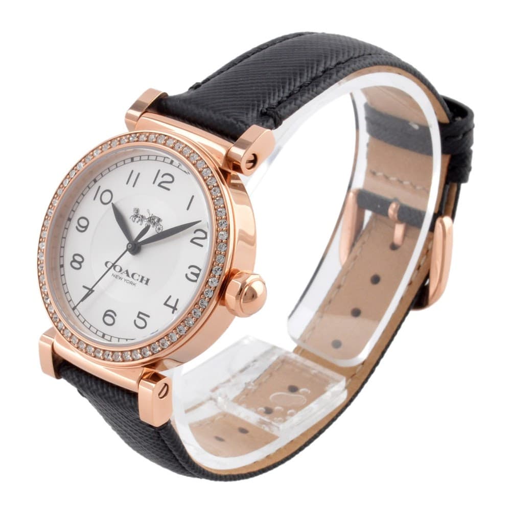 Coach Madison watch angled view showing rose gold case, black leather strap, and dial details