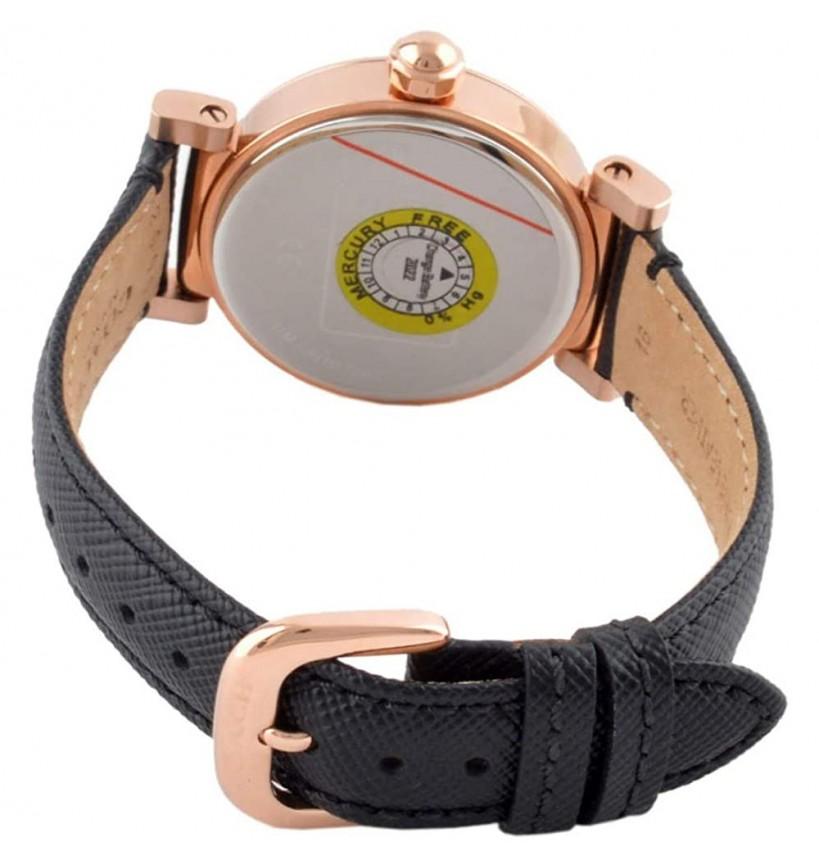 Coach Madison watch caseback displaying rose gold case, black leather strap, and case closure