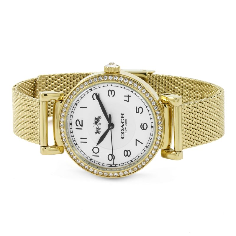 Coach Madison watch angled view showing gold mesh strap, crystal-set bezel, and white dial