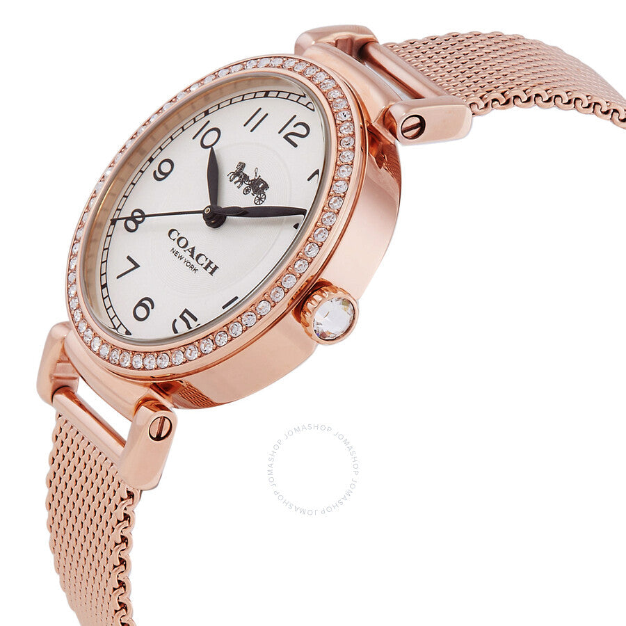 Coach Madison watch angled side view with mesh bracelet and diamond-set bezel
