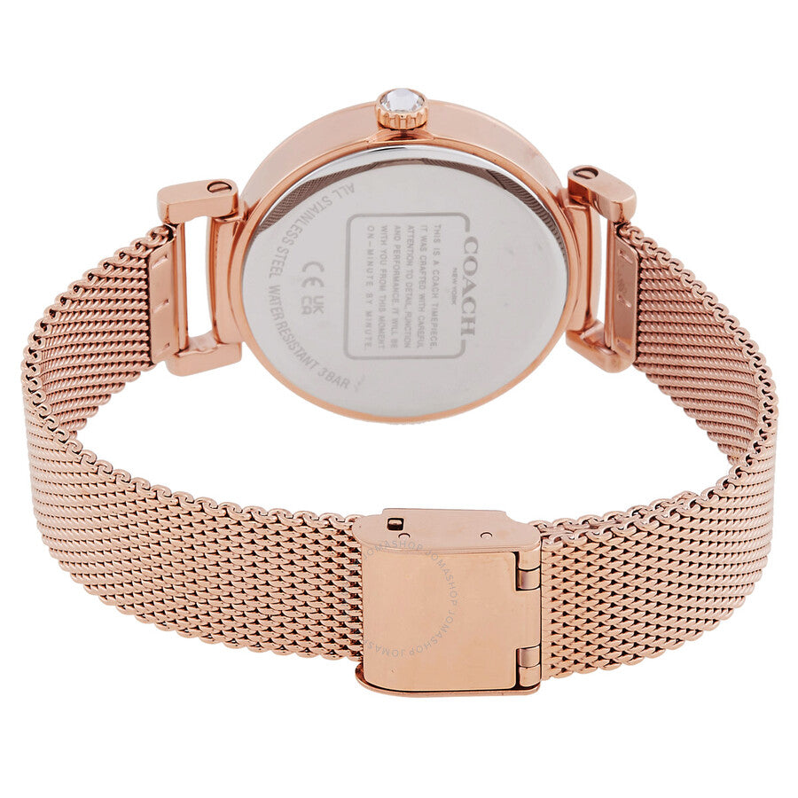 Coach Madison watch caseback showing rose gold case with mesh bracelet deployment