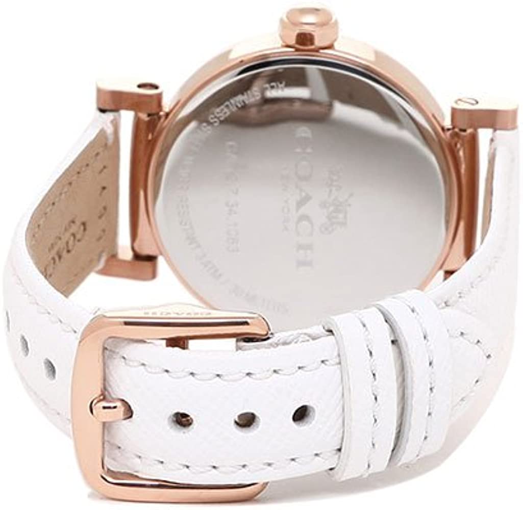 Coach Madison watch case back with engraved details and white leather strap