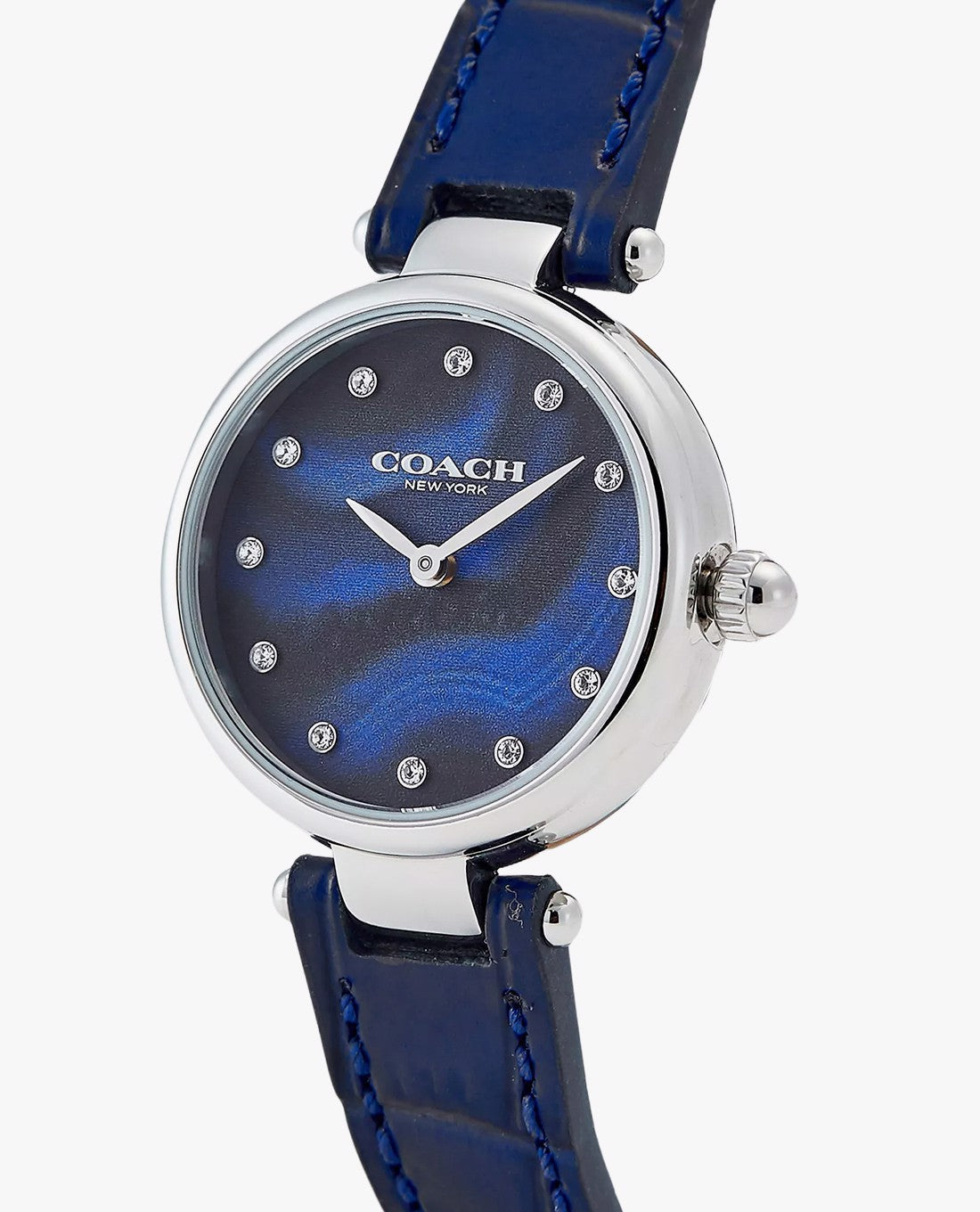 Coach Park watch dial detail showing navy blue face with crystal hour markers and Coach logo