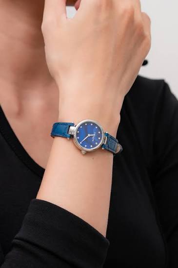 Coach Park navy blue watch worn on wrist showing dial and navy leather strap