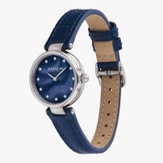 Coach Park ladies watch shown from side angle displaying navy leather strap and case profile