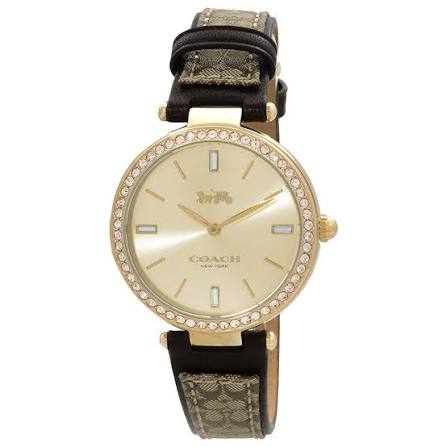 Coach Park gold crystal dial ladies watch with diamond-set bezel and black leather strap