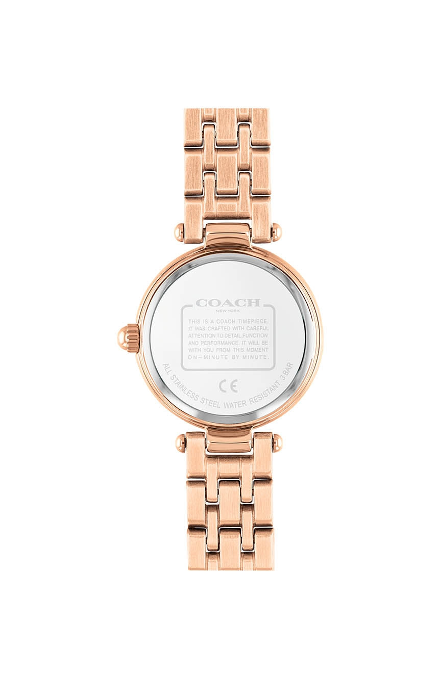 Coach Park Crystal watch caseback showing rose gold back with Coach branding