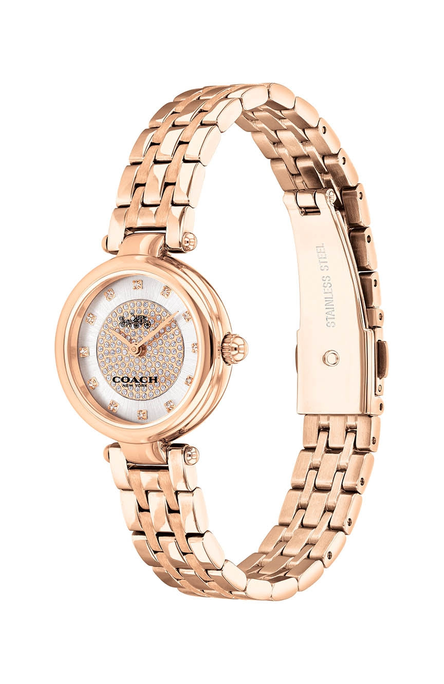 Coach Park Crystal rose gold watch shown at angle with full bracelet strap visible