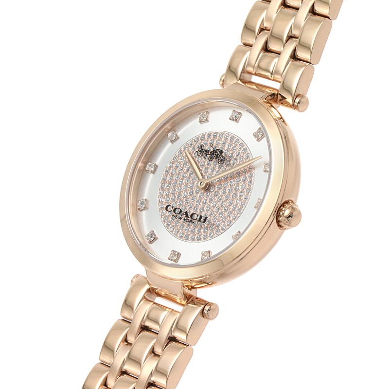 Coach Park rose gold watch at angle showing crystal dial and rose gold bracelet strap