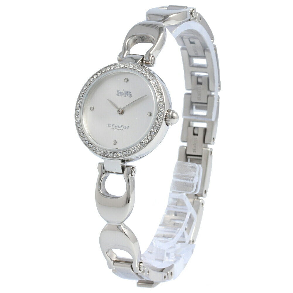 Coach Park ladies watch shown at angle with bracelet extended, crystal bezel and silver dial visible