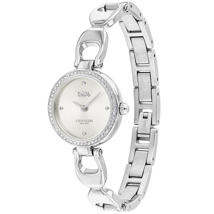 Coach Park watch worn on wrist showing silver bracelet with signature Coach link design and crystal bezel