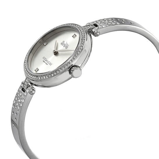 Side view of Coach Park watch showing profile of case, bezel crystals, and patterned bracelet links