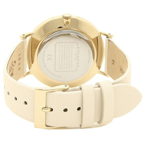 Coach Perry watch caseback showing gold-tone case and white leather strap with buckle