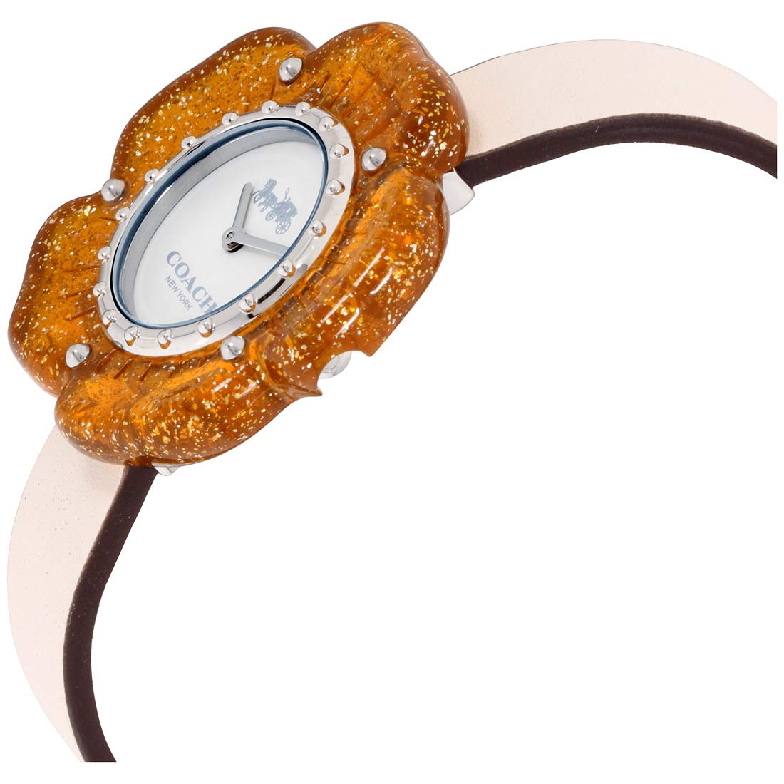 Side angle view of Coach Perry watch with flower-shaped golden case and beige strap