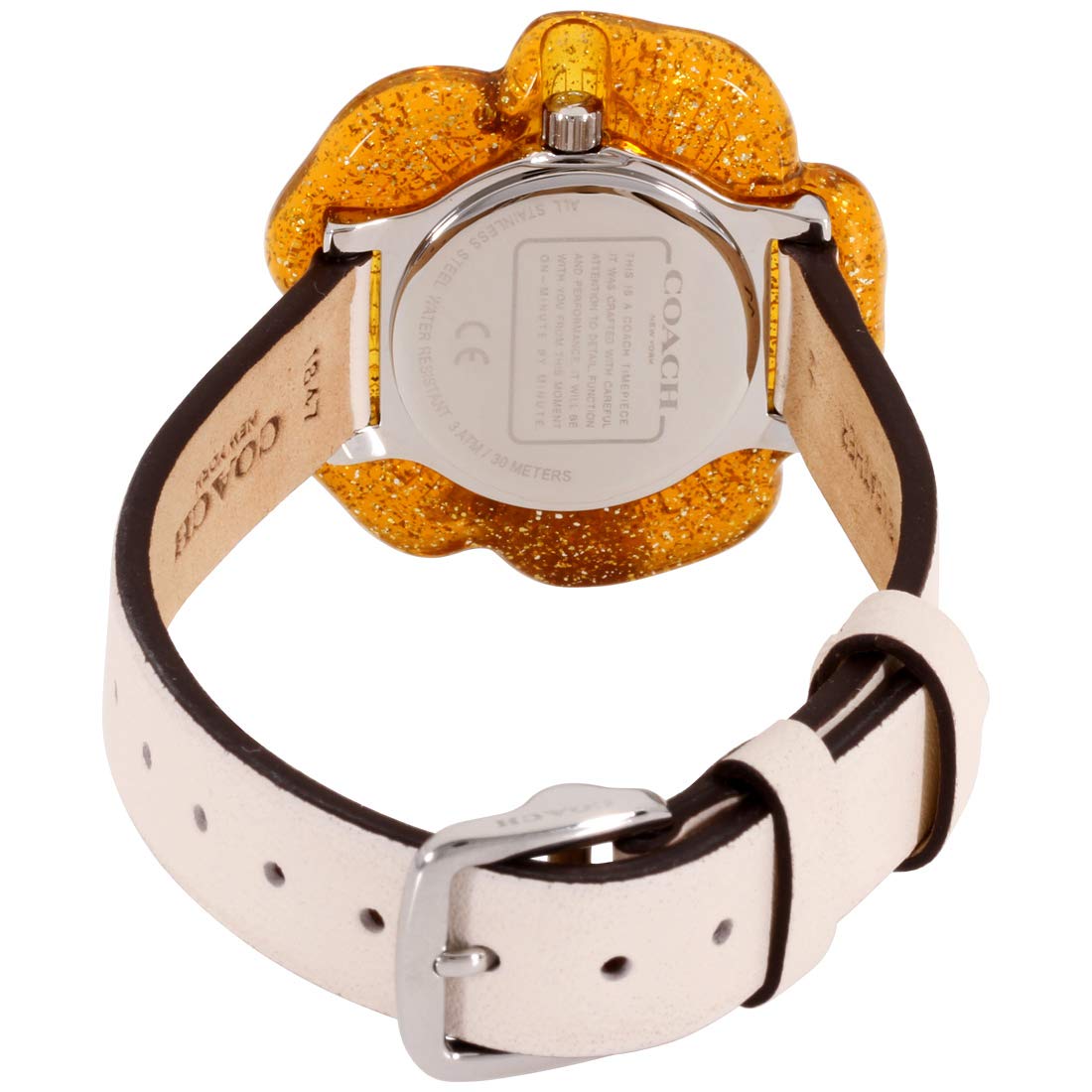 Coach Perry watch caseback showing metal case and beige leather strap with buckle