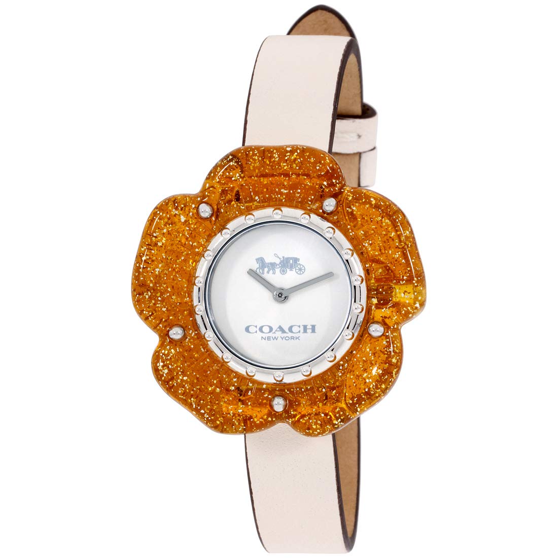 Coach Perry women's watch with golden glitter flower case, beige dial, and cream strap