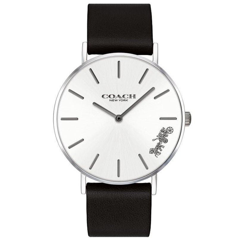 Coach Perry white dial ladies watch with silver case and black leather strap