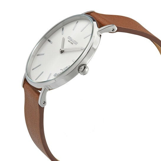 Side angle view of Coach Perry watch with silver case and tan leather strap