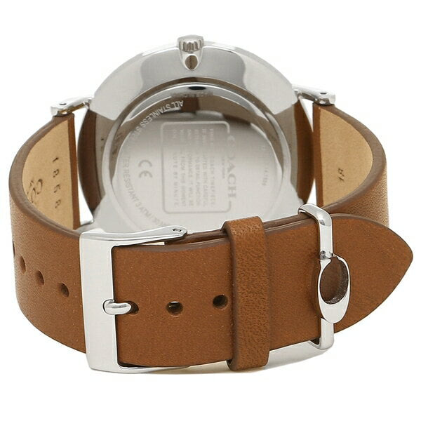 Back view of Coach Perry watch showing stainless steel case back and tan leather strap