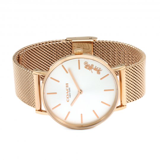 Coach Perry watch displayed on rose gold mesh bracelet showing white dial and rose gold indices